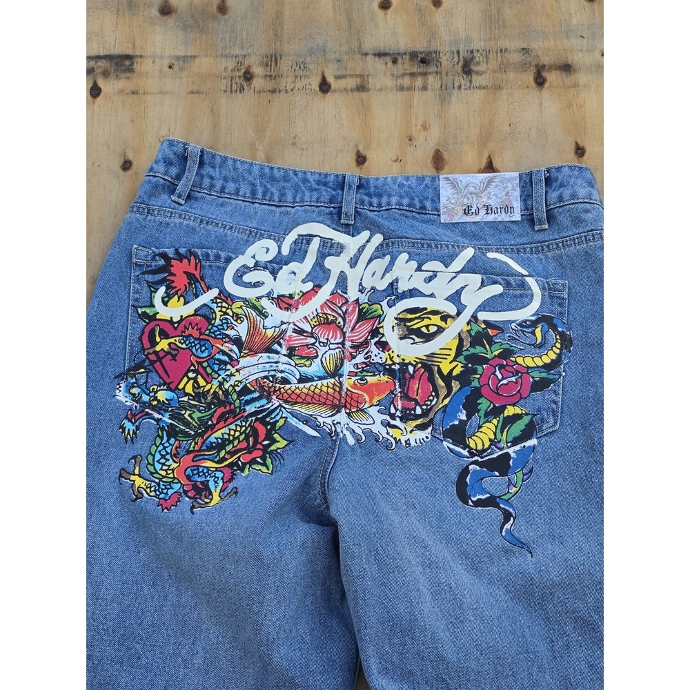 Ed Hardy Womens Baggy Jeans 32 Blue Snake Koi Tattoo Graphic Cut Hem WEHDB100-3
